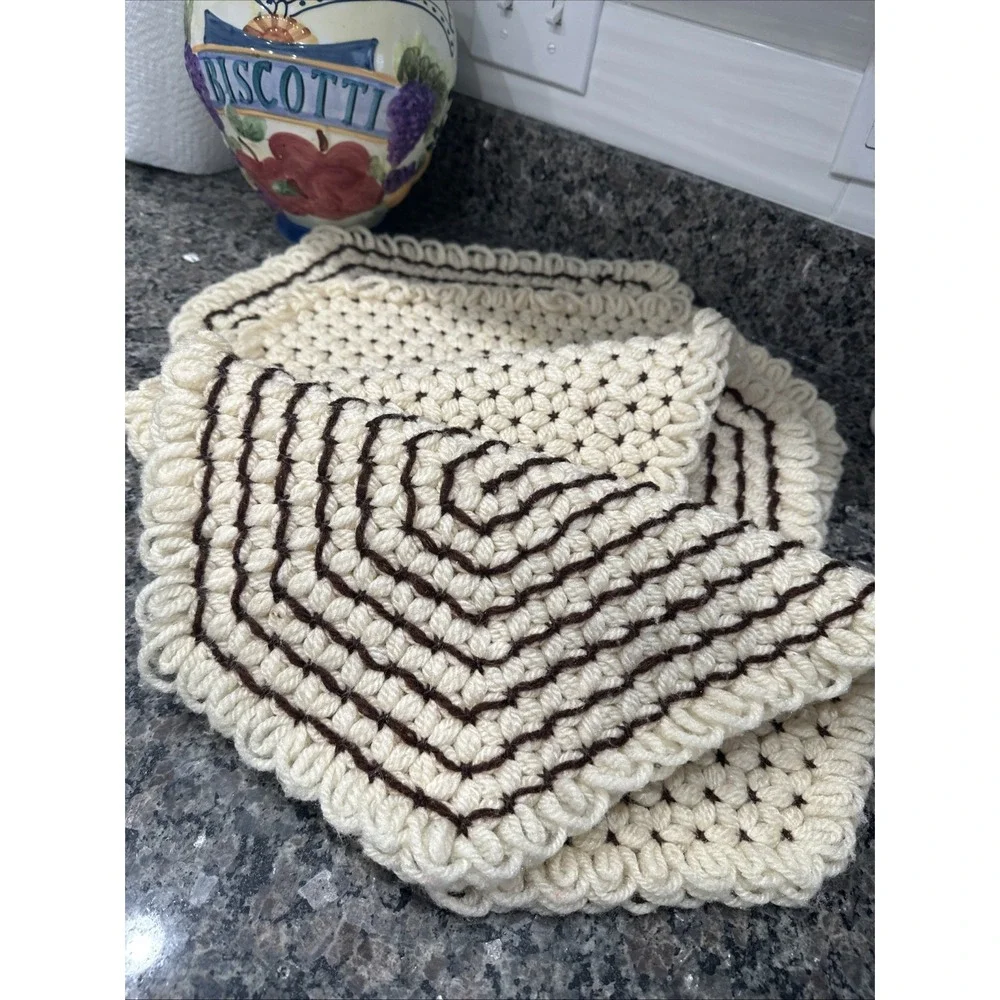 Vintage Placemats yarn crochet kitchen(4 total) Brown and Beige handmade Thick